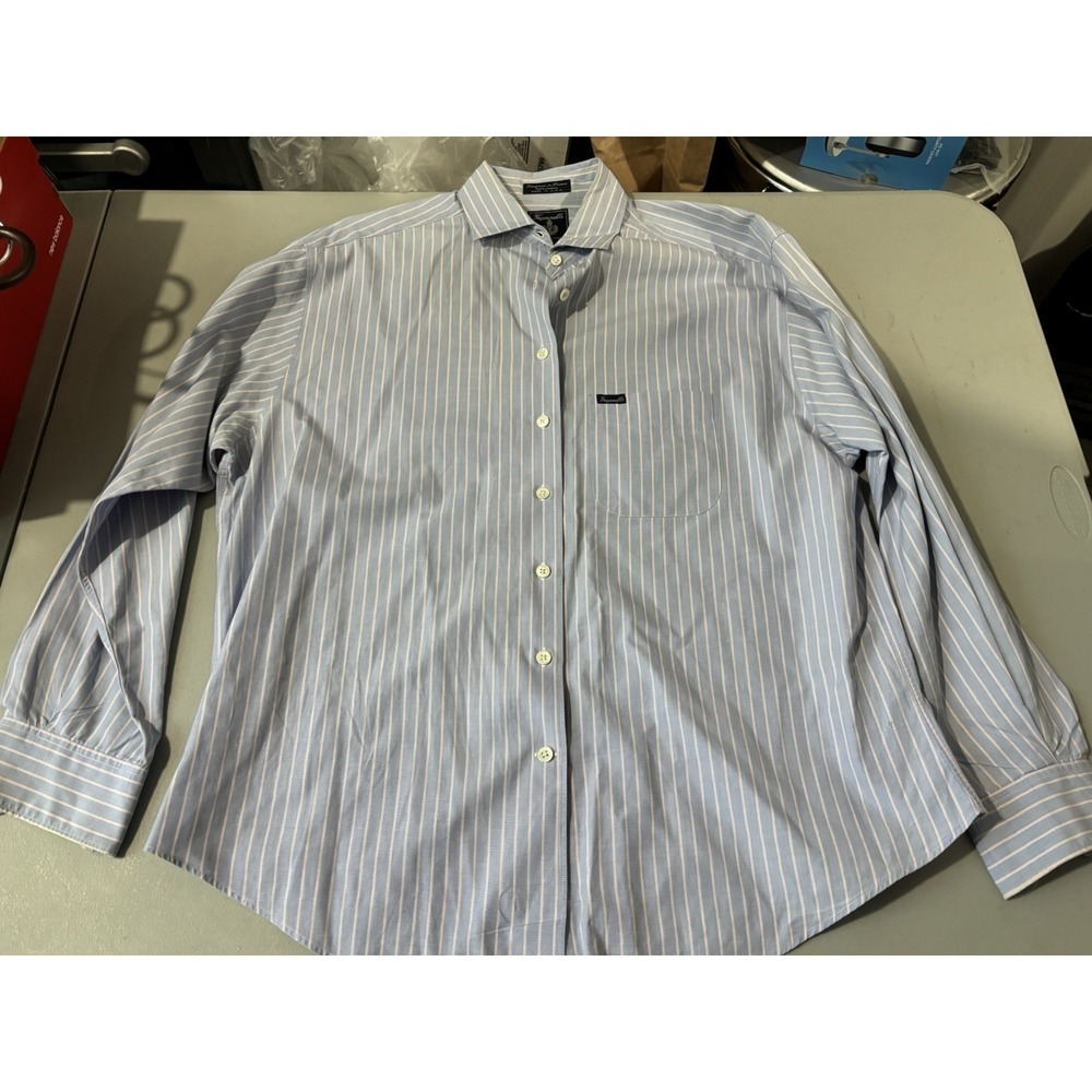 Mens White Blue Striped FACONNABLE Long Sleeve Shirt Large